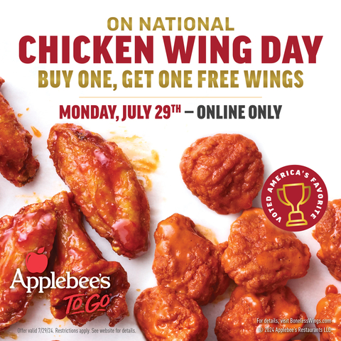 Applebee’s Celebrates National Chicken Wing Day with To Go Deal – Buy One Order To Go, Get a Second for Free (Graphic: Business Wire)