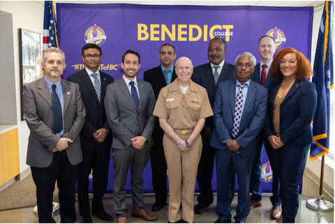 Benedict College and Integer Technologies were pleased to host Rear Admiral Kurt J. Rothenhaus, Chief of Naval Research, to discuss how this partnership will augment cybersecurity research and STEM workforce diversity for the military. Pictured (L to R): Gurcan Comert, Ph.D., associate professor at Benedict College; Aravind Prakash, Ph.D., lead cyber physical systems scientist at Integer; Dylan Temple, Ph.D., director of technology development at Integer; Abdulmajid Mrebit, Ph.D., assistant professor at Benedict College; Rear Adm. Kurt J. Rothenhaus; Godwin E. Mbamalu, Ph.D., associate vice president for research and distinguished professor at Benedict College; Negash Begashaw, Ph.D., associate professor at Benedict College; Josh Knight, Ph.D., COO at Integer; Crystal Pee, Ph.D., STEM Workforce Development Research Scientist at Integer. Not pictured: Benedict College President and CEO, Roslyn Clark Artis, J.D., Ed.D., and Duke Hartman, CEO of Integer. Photo credit: Terrell Maxwell.