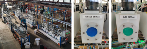 thumbnail Semi-continuous pilot refinery test work underway at Lifezone’s Simulus Laboratory (left); close ups of solvent extraction (“SX”; center and right). (Photo: Business Wire)