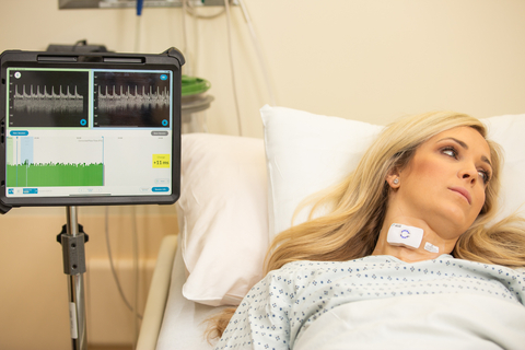Placed on a patient’s neck, the hands-free FloPatch continuously assesses blood flow in the carotid arteries, which provides a window into the left ventricle. FloPatch then wirelessly transmits that data to a secure iOS mobile application, providing clinicians with actionable, real-time data at the bedside. (Photo: Business Wire)