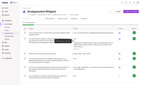 Questionnaire Automation harnesses the power of Vanta AI to save time by generating suggested responses for security teams to review and approve, rather than starting from scratch each time. By analyzing previously submitted questionnaires — along with existing security documentation — Vanta creates a comprehensive knowledge base to draw from and generate responses, updating in real-time even as policies evolve. (Graphic: Business Wire)