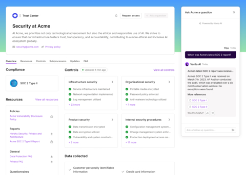 Vanta Trust Centers are an enterprise's first line of defense to demonstrate their commitment to security over time — not just at a point-in-time. Vanta Trust Centers significantly reduce the manual, repetitive tasks hampering enterprise security and sales teams by unifying their security program management and accelerating the security review process, all from within Vanta. (Graphic: Business Wire)