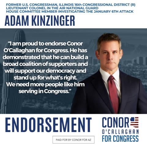 Former U.S. Rep. Adam Kinzinger endorses Conor O'Callaghan (Graphic: Business Wire)