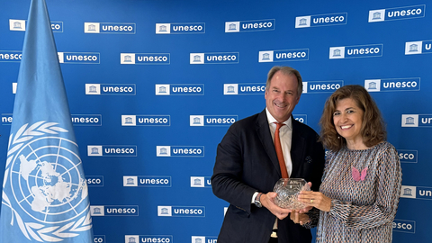 World Technology Games CEO Alexander Brown and Gabriela Ramos, Assistant Director-General for the Social and Human Sciences of UNESCO at The UNESCO “Change the Game” Ministerial Sport Conference in Paris on July 23, 2024.  (Photo: Business Wire)