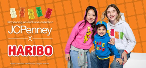 Playful, colorful and sweet, the JCPenney x HARIBO collection includes tees, sweaters, pants, shorts and accessories for kids and teens of all ages with graphics featuring the iconic Goldbear and charming design elements like a beanie with dimensional bear ears. (Graphic: Business Wire)