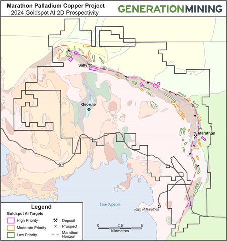 Figure 1: Map showing the 46 priority exploration targets identified by Goldspot during the 2024 2D Prospectivity analysis. Red dashed line shows the approximate location of the main Marathon Horizon along the outer limb of the Coldwell Complex (Graphic: Business Wire)