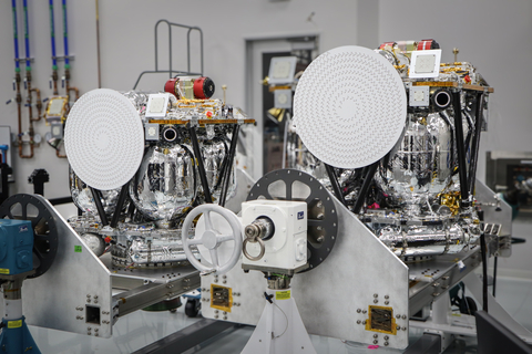 Rocket Lab completes integration and testing of twin spacecraft for the University of California Berkeley’s Space Science Laboratory and NASA's ESCAPADE mission at Rocket Lab's Spacecraft Production Complex and headquarters in Long Beach, California. (Photo: Rocket Lab)