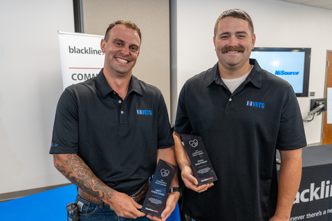 In honor of their quick thinking and heroic actions that saved a toddler's life, utility workers Matt Overcasher, left, and Steve Manypenny, right, are the first recipients of Blackline Safety's Community Hero award. (Photo: Business Wire)
