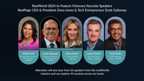 RealWorld 2024 will feature visionary keynote speakers RealPage CEO & President, Dana Jones, and tech entrepreneur, Scott Galloway. Attendees will also hear from 26 speakers from the multifamily industry and can explore 43 sessions across six tracks. (Photo: Business Wire)