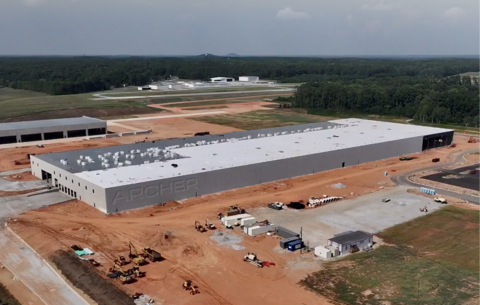 Recent photo of construction progress on Archer’s high-volume manufacturing facility in Covington, GA adjacent to the Covington Municipal Airport (Photo: Business Wire)
