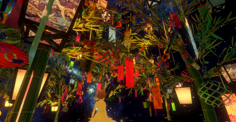 Metaverse Tanabata Experience at Okayama University Hospital Pediatric Ward. Children who were unable to leave their hospital rooms during the Tanabata Festival were able to experience the viewing of a “star-filled sky” with the use of VR goggles. (Graphic: Business Wire)