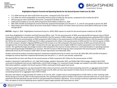 BrightSphere Reports Financial and Operating Results for the Second Quarter Ended June 30, 2024