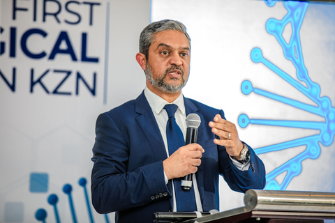 Imraan Soomra, CEO of EASE, delivering an address highlighting the installation and transformative nature of the first pay-per-use medical equipment in South Africa at the launch event in KZN, South Africa. He also noted the Da Vinci surgical robot is a product portfolio expansion for EASE. The product portfolio now includes radiology, nuclear medicine equipment, and robotic surgical systems. (Photo: Business Wire)