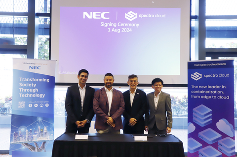 NEC APAC and Spectro Cloud sign strategic agreement. From left to right: Saad Malik, CTO & Co-founder, Spectro Cloud; Kyle Goodwin, VP of Global Sales, Spectro Cloud; Job Chan, Head of RHQ Managed Services, Vice President, NEC Asia Pacific; Walter Lee, Head/Snr Director, Regional Strategy & Planning, Managed Services Regional Hub, NEC Asia Pacific. (Photo: Business Wire)