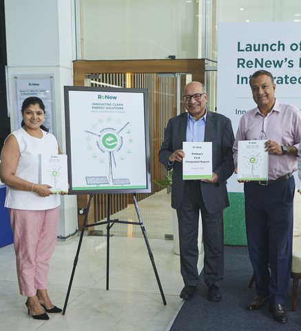 From left to right: Vaishali Nigam Sinha, Co-Founder & Chairperson, Sustainability, ReNew; Sir Sumantra Chakrabarti, Chairperson, ESG Committee and Independent Director, ReNew; and Sumant Sinha, Founder, Chairman & CEO, ReNew at ReNew Hub on Friday, 2 August, 2024 (Photo: Business Wire)