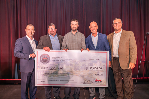 The 2024 Ryder Top Tech winner Warren Smith holding his $50,000 check alongside vice president of maintenance operations Bryce Kinsley; senior vice president & chief of operations Bill Dawson; Chairman & CEO Robert Sanchez; and president Fleet Management Solutions Tom Havens. (Photo: Business Wire)