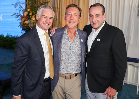 L-R: V Foundation Chief Executive Officer Shane Jacobson, Spirit of Jimmy V Award Winner and former ESPN President George Bodenheimer, Mike “Coach K” Krzyzewski at the V Foundation Wine Celebration Gala Dinner & Auction. (Photo: Business Wire)