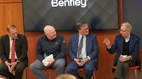 Left to right: Sen. Wayne Langerholc, Jr., Chairman of the Pennsylvania Senate Transportation Committee; Rep. Matthew Bradford, Majority Leader of the Pennsylvania House of Representatives; Pennsylvania Secretary of Transportation Mike Carroll; and Bentley Systems’ Executive Chair Greg Bentley discuss transportation infrastructure during an event at Bentley Systems’ headquarters. (Photo: Business Wire)