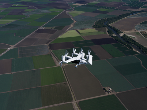 Joby’s all-electric aircraft in flight above Marina, California, the company’s manufacturing and flight test center. Joby Aviation Photo