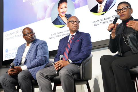 Carla Walker-Miller, Founder and Chief Executive Officer of Walker-Miller Energy Services addresses RECESS23 attendees alongside (l to r) Hiram E. Jackson, CEO of Real Times Media and Kenneth Kelly, Chairman and CEO of First Independence Bank. (Photo: Business Wire)