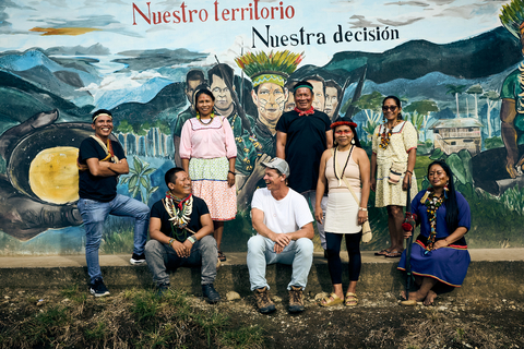 Amazon Frontlines co-founders Mitch Anderson and Nemonte Nenquimo (center) with partners from the Indigenous organization Ceibo Alliance. The Conrad N. Hilton Foundation announced on August 13, 2024, that Amazon Frontlines will receive the 2024 Hilton Humanitarian Prize. (Photo: Christopher Fragapane/Amazon Frontlines)