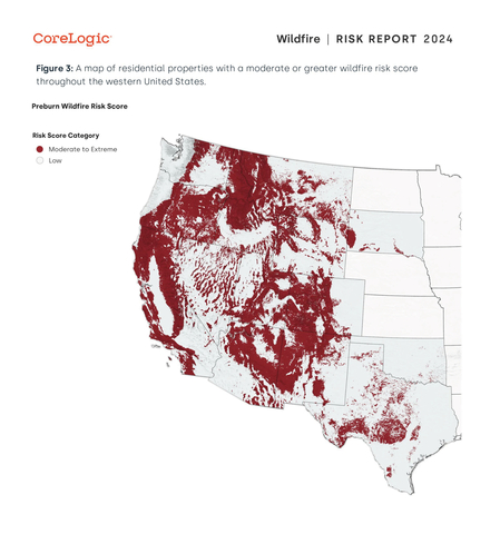 CoreLogic's map of residential properties with a moderate or greater wildfire risk score throughout the western United States. (Graphic: Business Wire)