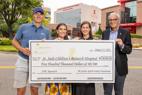 PGA TOUR star Jordan Spieth and his wife, Annie, kicked off FedEx St. Jude Championship week, Monday, Aug. 12, with a personal tour of St. Jude Children’s Research Hospital where they presented a check for $500,000 on behalf of the Jordan Spieth Family Foundation. From left: Jordan Spieth, Annie Spieth, Laura Moses of WME; Richard C. Shadyac Jr., President and CEO of ALSAC, the fundraising and awareness organization for St. Jude Children's Research Hospital. (Photo: ALSAC / St. Jude Children’s Research Hospital)