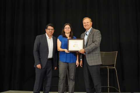 Valent BioSciences accepts TFI Biostimulant Certification at the Agronomy Conference and Expo in St. Louis, MO on August 13, 2024. Left: Guillermo Bort, Senior Director, Global Biostimulant Strategy, Valent BioSciences Center: Rachel Sleighter, Senior Research Scientist, Valent BioSciences Right: Corey Rosenbusch, CEO, The Fertilizer Institute (Photo: Business Wire)