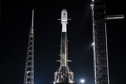 The SpaceX Falcon 9 rocket carrying Maxar's third and fourth WorldView Legion satellites stands on the pad ready to launch at Cape Canaveral Space Force Station, Florida. (Photo: Maxar)