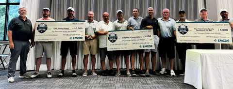 EMCOR in Greater Boston presented $20,000 to three local charities during ceremonies at the EMCOR in Greater Boston 16th Annual Golf Tournament Invitational held Monday, August 12th at Blue Hill Country Club, Canton, MA. Checks were presented by Terry Keigher, Vice President - Sales, EMCOR Services Northeast; Robert Gallagher, President and CEO, J.C. Higgins Corp.; and Tom Coates, VP and General Manager, Building Technology Engineers, Inc., along with event participants. (Photo: Business Wire)