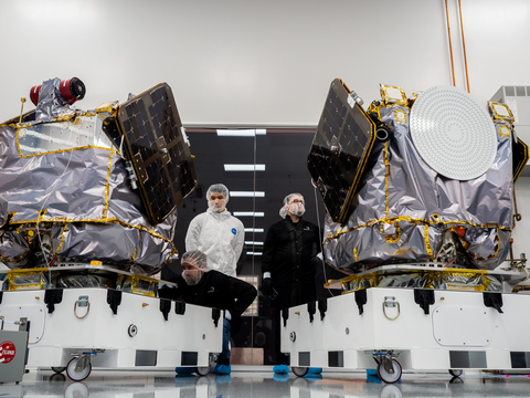 Rocket Lab built ESCAPADE twin spacecraft fully assembled and ready for shipping at the company's Spacecraft Production Complex and headquarters in Long Beach, California, before shipping to the launch site at Cape Canaveral, Florida. Image Credit: Rocket Lab