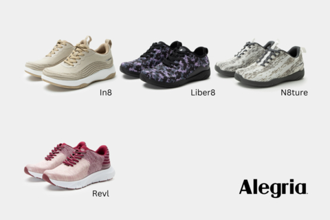 From top left clockwise: IN8 in Cream. Style also comes in four additional colors: Olive, Grey, White and Black, LIBER8 in Digi Lilac. Style also comes in two additional colors: Digi Navy and Digi Rose, N8TURE in White. Style also comes in two additional colors: Grey and Black and REVL in Ombré Berry. Style also comes in four additional colors: Ombré Orange, Ombré Plum, Ombré Blue and Ombré Grey. Photo Credit: Alegria.