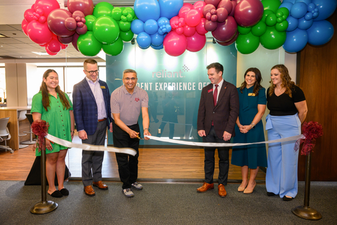 Reliant and Texas A&M's Mays Business School celebrate the new Reliant Student Experience Office with a ribbon cutting on August 22, 2024. Pictured from left to right is Sophia Villarreal, Dr. Nate Sharp, Rasesh Patel, John Morris, Taylor Henderson and Dr. Shannon Deer. (Photo: Business Wire)