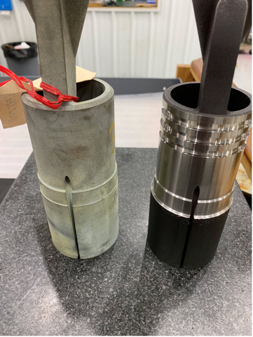 Image 1. A 3D-printed part (left) used in the oil and gas industry, transformed through precision machining (right) to meet exacting specifications. When bulk parts reach end-of-life, their material can now be recycled using Continuum’s proprietary, single-step Greyhound M2P platform, with new, high-quality materials provided back to the manufacturer via the Continuum Powder as a Service (CPaaS). Image courtesy Knust-Godwin