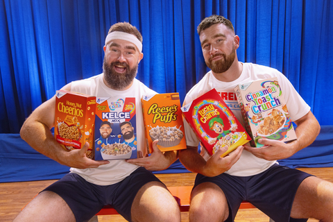 Jason and Travis Kelce combined their favorite cereals — Cinnamon Toast Crunch, Lucky Charms, and REESE’S PUFFS cereal — for an undefeated eating experience, the new Kelce Mix cereal. (Photo: Business Wire)