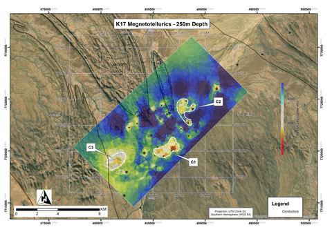 Figure 4: Plan view of the 3D inverted MT grid at K17, sliced at a depth of 250m below surface with individual conductors (C1-C3) outlined in white. (Graphic: Business Wire)