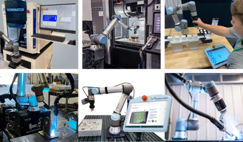 Universal Robots will show a wide range of new cobot-powered applications at IMTS, incl. dynamic path planning (pictured bottom center) that ensures the cobot takes the most effective, collision-free paths without the user needing to configure these motions. This is especially valuable when the precise location the robot is picking parts from is unknown. (Photo: Business Wire)