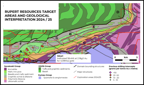 Figure 3. High priority 2024/25 drilling targets. Updated lithological and structural interpretation of the wider Area 1 project with high priority prospects for the upcoming winter season highlighted by boxes (letters correspond to text in regional exploration section of press release).