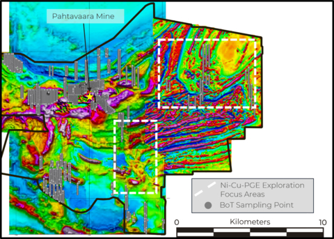 Figure 4: Base of till coverage across the eastern portions of the Rupert Lapland Project Area on 1st VD magnetic image. Areas considered most prospective for magmatic Ni-Cu-PGE deposits are outlined by the white boxes.