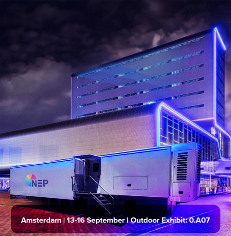 NEP Group's new IP-powered OB facility will be on display during the 2024 IBC Show. Image shows a rendering of the new OB truck outside the RAI Amsterdam convention centre. (Photo: Business Wire)