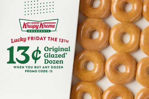 Krispy Kreme® is substituting a super deal for superstition this Friday the 13th, offering fans a dozen Original Glazed® Doughnuts for just 13 cents with the purchase of any dozen or 16-count Minis at regular price. (Photo: Business Wire)