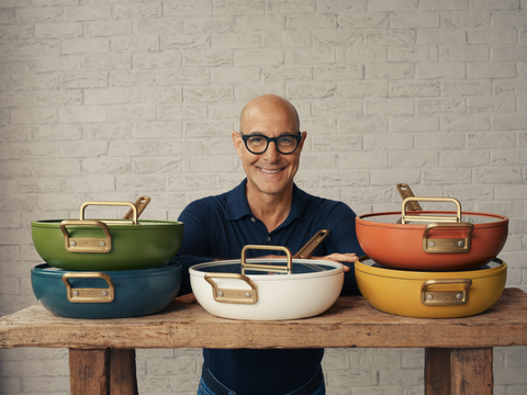 Stanley Tucci with his new colorful 4.5-quart Stanley Pans by GreenPan available for purchase exclusively at Williams Sonoma. Photo courtesy of Williams Sonoma