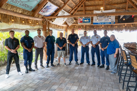 The Chapman School of Seamanship recently became a member of the U.S. Coast Guard’s (USCG®) Lateral Entry Program thanks to a Yamaha curriculum offered through the school. Pictured left to right are Kenyon Ward, Senior Marine Training Coordinator, Yamaha U.S. Marine Business Unit; Chief Aikhoje, Recruiter in Charge, Miami, Fla.; John Haggerty, Program Director, Chapman School of Seamanship; Captain Keffer, Commanding Officer, Coast Guard Recruiting Command, Washington D.C.; Jim Allen, Executive Director, Chapman School of Seamanship; Chief Warrant Officer 2 Norris, Commanding Officer, Station Ft. Pierce, Fla.; Chief Selph, Coast Guard Recruiting Incident Management Team , Washington D.C.; Chief Agard, Coast Guard Recruiting Incident Management Team, Washington D.C.; Boatswain’s Mate Chief Yahya, Executive Petty Officer, Station Ft. Pierce, Fla; John O’Keefe, Senior Specialist, Marine Government Relations, Yamaha U.S. Marine Business Unit. (Photo: Business Wire)