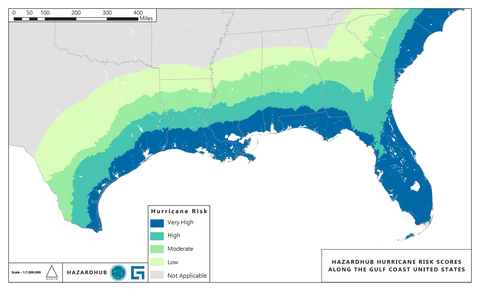 U.S. Gulf Coast Hurricane Risk Map based on the Guidewire HazardHub Hurricane Risk Model. Source: Guidewire HazardHub