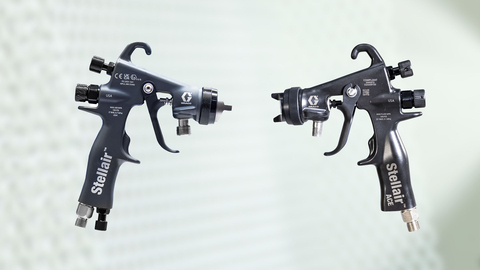 Graco's newest industrial air spray gun line includes Stellair? (left) and Stellair ACE (right). Due to its durably unique carbon reinforced construction, Stellair ACE weighs 209 grams (7.4 ounces) ? about half the weight of comparable manual pressure feed spray guns. (Photo: Business Wire)