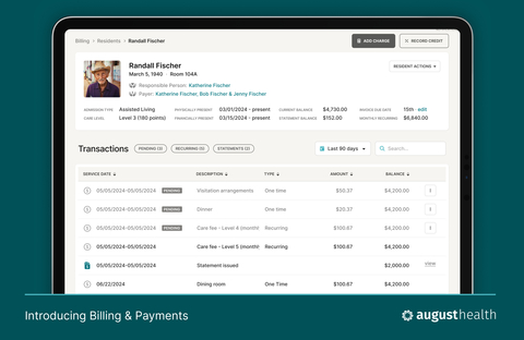 August Health Billing & Payments: An integrated, easy-to-use platform that radically simplifies senior living billing and payments (Graphic: Business Wire)
