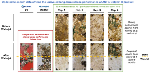 AST’s SLIPS™ Dolphin II and N4 have been subjected to 53 months of exposure testing, led by an international third-party, and both outperformed the leading commercial foul-release coatings on the market. (Photo: Business Wire)