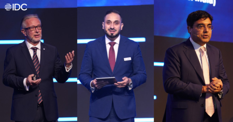 IDC's Thomas Meyer, Hamza Naqshbandi, and Jyoti Lalchandani speaking at the IDC Saudi Arabia CIO Summit 2024 held September 18 and 19 at the Fairmont Riyadh. (Photo: Business Wire)