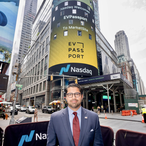 Hooman Shahidi, CEO and Co-founder of EVPassport, in Times Square at Nasdaq. (Photo: Business Wire)