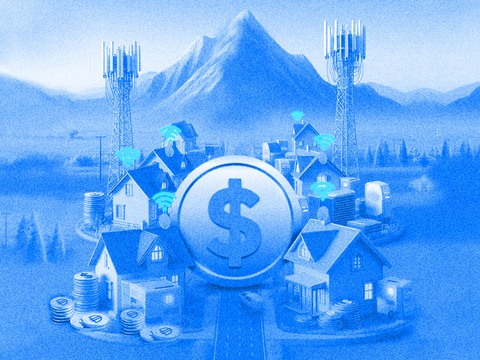 Image of 6 homes connected to the same WiFi network with a large coin in the middle. Telecom towers and mountains are behind them. (Graphic: Business Wire)